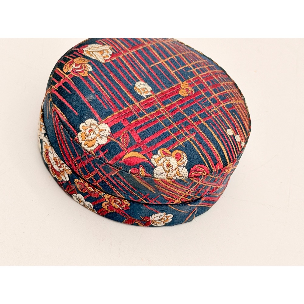 Vintage Chinese Silk Brocade Round Trinket Jewelry Box Floral Navy Red 3 Inch - Picture 6 of 8